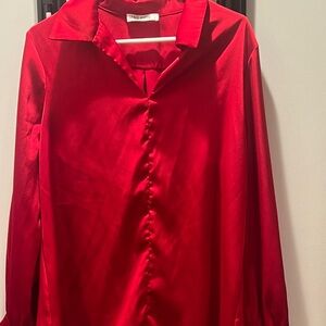 Grace Karin Red Dress Shirt Silk Satin Long Sleeve